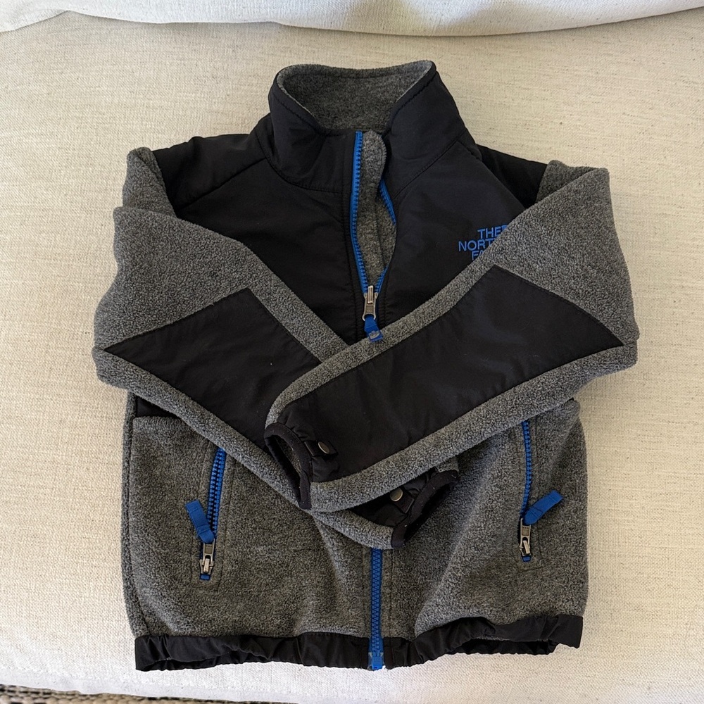 The North Face Black and Gray Fleece Jacket with Blue Zippers